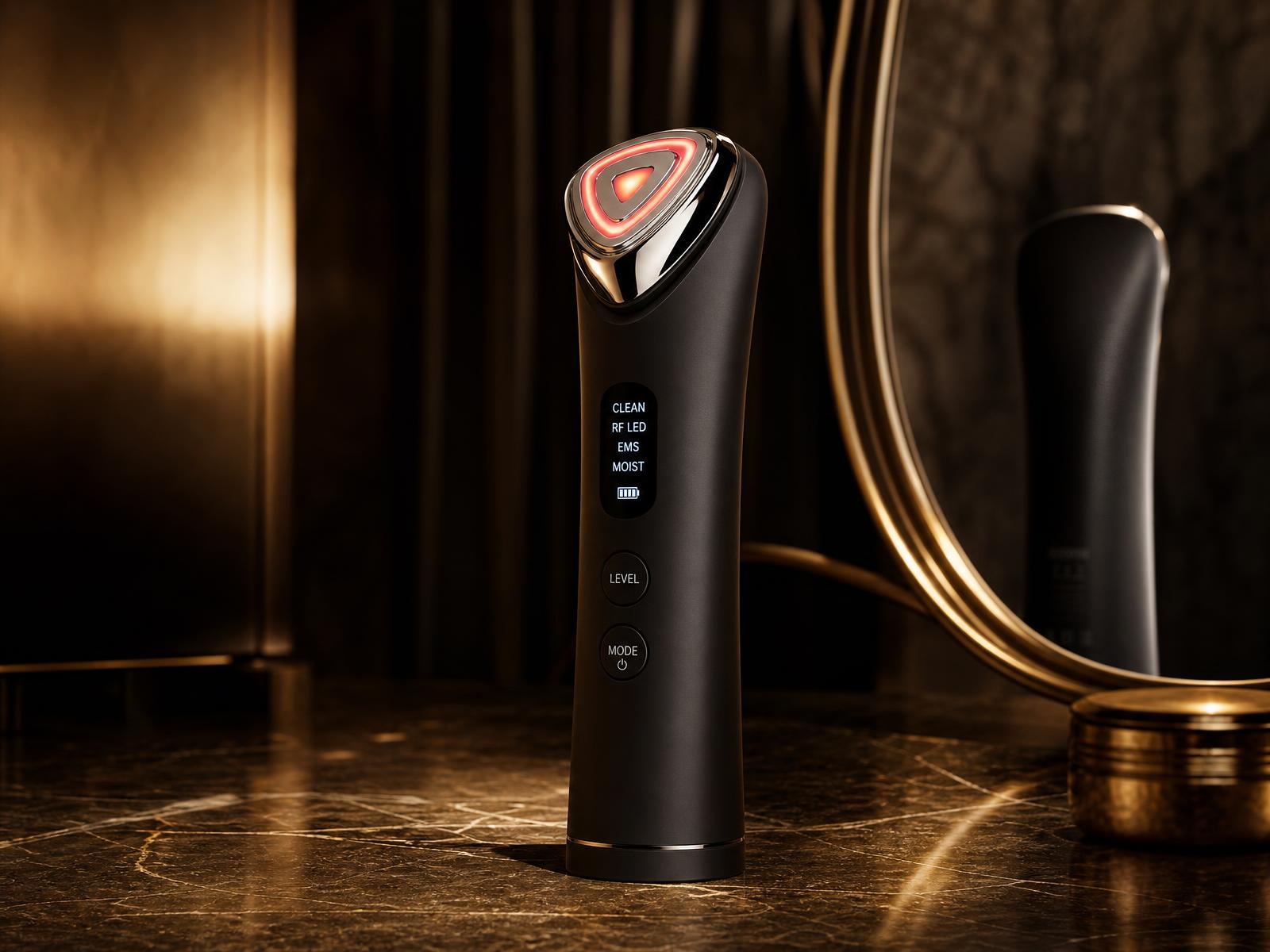 Glazed Skin Aurea RF facial device in obsidian, standing on marble
