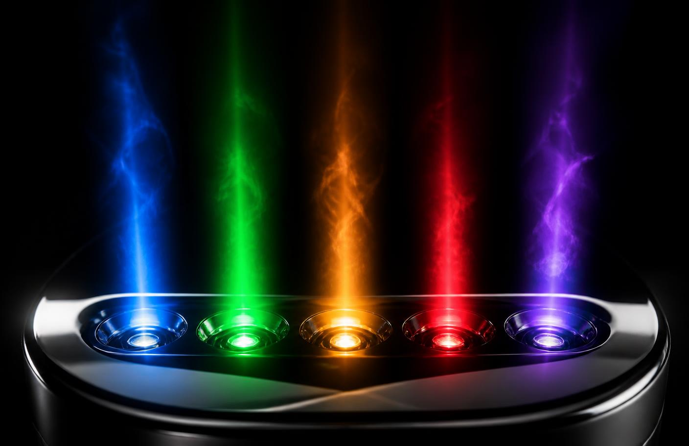 Five coloured LED beams rising from the device's chrome light array